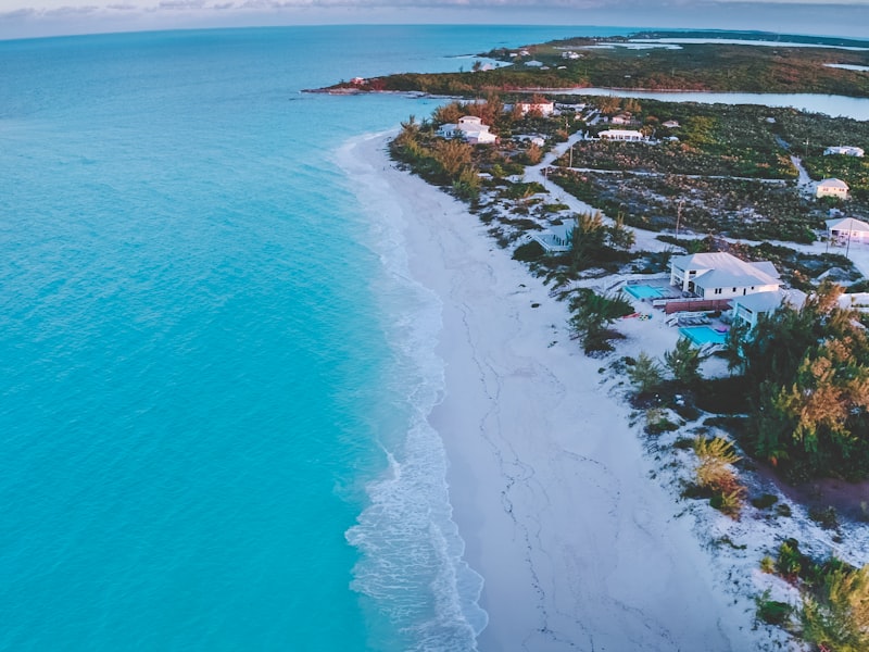 An aerial view of a beach with houses on the shore