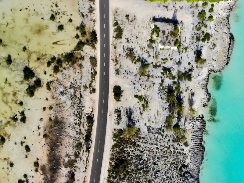 A coastal road beside turquoise water from the air